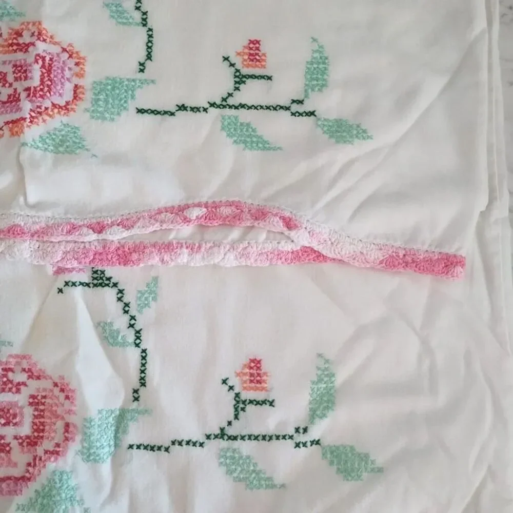 Vintage Hand Embroidered Pillowcases Pair Cross Stitch Pink Floral Queen